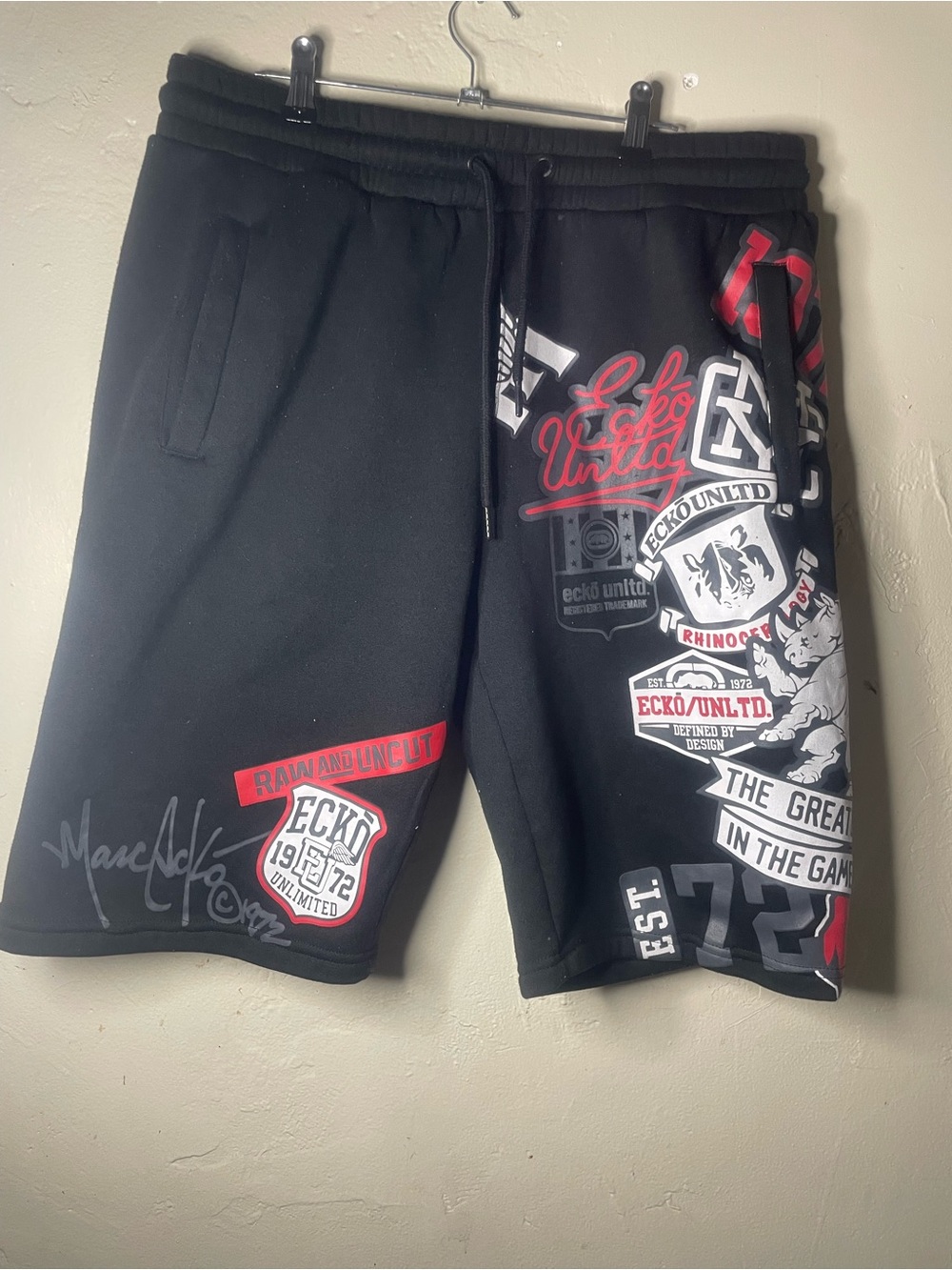 Ecko Unlimited Black Athletic Shorts with Red & White Graphic Logos